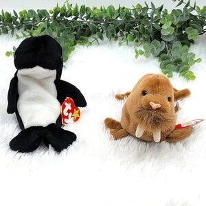 Ty Beanie Babies Plush Waves The Killer Whale Paul The Walrus Stuffed Animal Set